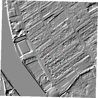 Shaded relief map of the ground around SW66EZ, computed from Environment Agency LiDAR. The ground here sits at about 5 m above sea level and falls 7 m across the surrounding 800 m. Surface water reaching this point runs off ground lying to the west-south-west, 2.2 m higher.