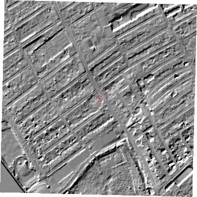 Shaded relief map of the ground around SW66JF, computed from Environment Agency LiDAR. The ground here sits at about 4 m above sea level and falls 7 m across the surrounding 800 m. Surface water reaching this point runs off ground lying to the north-north-west, 4.1 m higher.