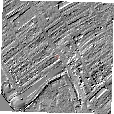Shaded relief map of the ground around SW66JH, computed from Environment Agency LiDAR. The ground here sits at about 5 m above sea level and falls 7 m across the surrounding 800 m. Surface water reaching this point runs off ground lying to the east, 3.2 m higher.
