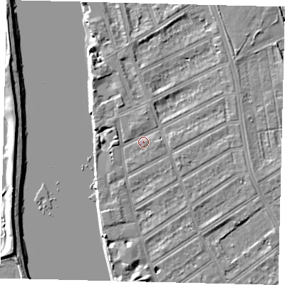Shaded relief map of the ground around SW66JR, computed from Environment Agency LiDAR. The ground here sits at about 6 m above sea level and falls 7 m across the surrounding 800 m. Surface water reaching this point runs off ground lying to the north-west, 2.5 m higher.