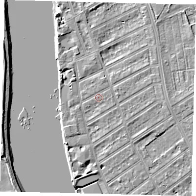 Shaded relief map of the ground around SW66JU, computed from Environment Agency LiDAR. The ground here sits at about 5 m above sea level and falls 7 m across the surrounding 800 m. Surface water reaching this point runs off ground lying to the north-north-east, 0.9 m higher.