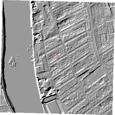 Shaded relief map of the ground around SW66LB, computed from Environment Agency LiDAR. The ground here sits at about 5 m above sea level and falls 7 m across the surrounding 800 m. Surface water reaching this point runs off ground lying to the east, 3.4 m higher.