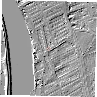 Shaded relief map of the ground around SW66LW, computed from Environment Agency LiDAR. The ground here sits at about 5 m above sea level and falls 7 m across the surrounding 800 m. Surface water reaching this point runs off ground lying to the east, 1.3 m higher.