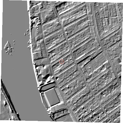 Shaded relief map of the ground around SW66NU, computed from Environment Agency LiDAR. The ground here sits at about 5 m above sea level and falls 7 m across the surrounding 800 m. Surface water reaching this point runs off ground lying to the east-north-east, 2.6 m higher.