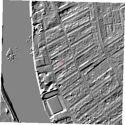 Shaded relief map of the ground around SW66NX, computed from Environment Agency LiDAR. The ground here sits at about 5 m above sea level and falls 7 m across the surrounding 800 m. Surface water reaching this point runs off ground lying to the east-north-east, 3.4 m higher.