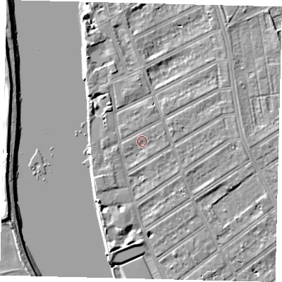 Shaded relief map of the ground around SW66NY, computed from Environment Agency LiDAR. The ground here sits at about 5 m above sea level and falls 7 m across the surrounding 800 m. Surface water reaching this point runs off ground lying to the east, 3.4 m higher.