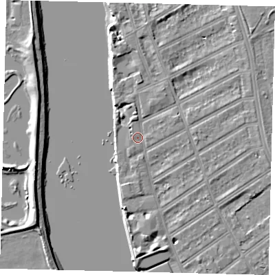 Shaded relief map of the ground around SW66PB, computed from Environment Agency LiDAR. The ground here sits at about 5 m above sea level and falls 7 m across the surrounding 800 m. Surface water reaching this point runs off ground lying to the east, 3.3 m higher.