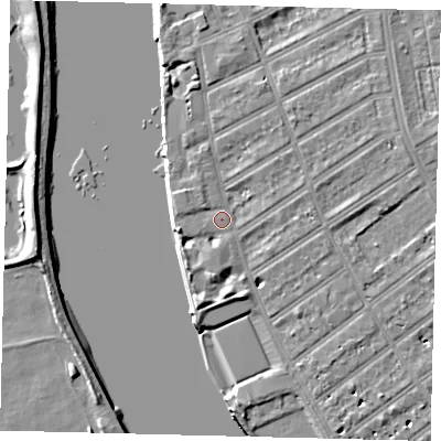 Shaded relief map of the ground around SW66PF, computed from Environment Agency LiDAR. The ground here sits at about 5 m above sea level and falls 7 m across the surrounding 800 m. Surface water reaching this point runs off ground lying to the east-north-east, 3.4 m higher.