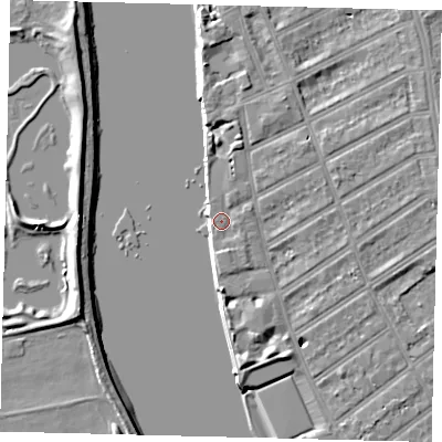 Shaded relief map of the ground around SW66PG, computed from Environment Agency LiDAR. The ground here sits at about 5 m above sea level and falls 7 m across the surrounding 800 m. Surface water reaching this point runs off ground lying to the east-north-east, 3.1 m higher.