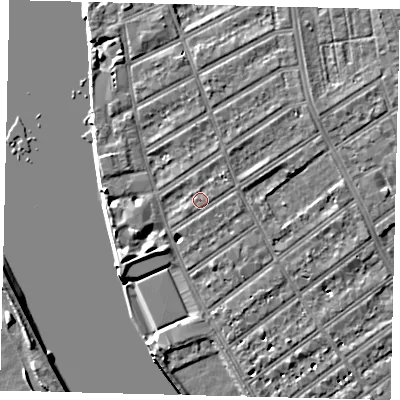 Shaded relief map of the ground around SW66PH, computed from Environment Agency LiDAR. The ground here sits at about 5 m above sea level and falls 7 m across the surrounding 800 m. Surface water reaching this point runs off ground lying to the north-east, 2.1 m higher.