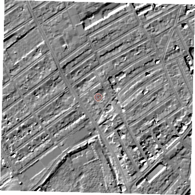 Shaded relief map of the ground around SW66QA, computed from Environment Agency LiDAR. The ground here sits at about 5 m above sea level and falls 8 m across the surrounding 800 m. Surface water reaching this point runs off ground lying to the south-east, 2.7 m higher.