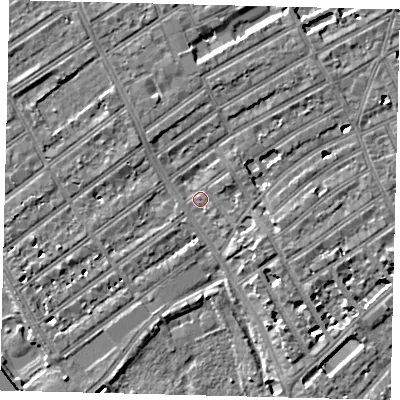Shaded relief map of the ground around SW66QD, computed from Environment Agency LiDAR. The ground here sits at about 5 m above sea level and falls 7 m across the surrounding 800 m. Surface water reaching this point runs off ground lying to the south-east, 3.2 m higher.