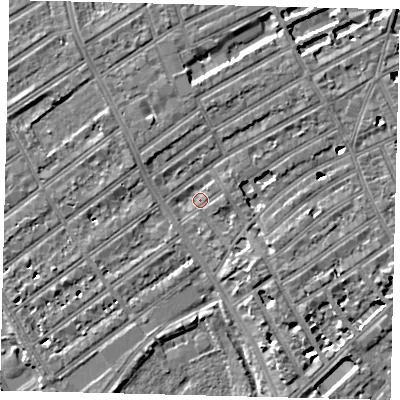 Shaded relief map of the ground around SW66QE, computed from Environment Agency LiDAR. The ground here sits at about 5 m above sea level and falls 7 m across the surrounding 800 m. Surface water reaching this point runs off ground lying to the north-north-west, 2.9 m higher.