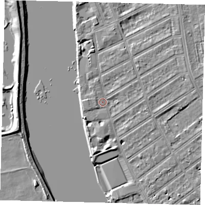Shaded relief map of the ground around SW66QS, computed from Environment Agency LiDAR. The ground here sits at about 5 m above sea level and falls 7 m across the surrounding 800 m. Surface water reaching this point runs off ground lying to the east-north-east, 3.4 m higher.