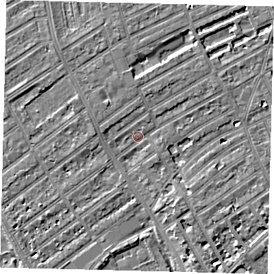 Shaded relief map of the ground around SW66RG, computed from Environment Agency LiDAR. The ground here sits at about 5 m above sea level and falls 7 m across the surrounding 800 m. Surface water reaching this point runs off ground lying to the north-west, 2.4 m higher.