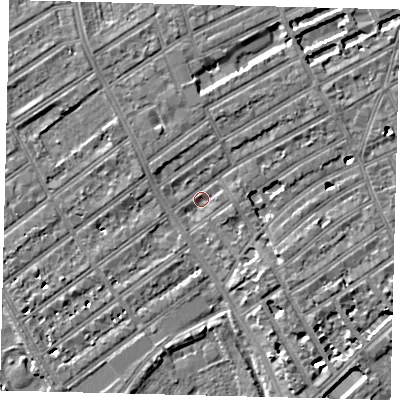 Shaded relief map of the ground around SW66RQ, computed from Environment Agency LiDAR. The ground here sits at about 5 m above sea level and falls 7 m across the surrounding 800 m. Surface water reaching this point runs off ground lying to the north-north-west, 2.9 m higher.