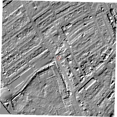 Shaded relief map of the ground around SW66SX, computed from Environment Agency LiDAR. The ground here sits at about 5 m above sea level and falls 7 m across the surrounding 800 m. Surface water reaching this point runs off ground lying to the south-east, 3.2 m higher.