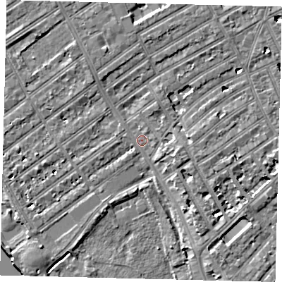 Shaded relief map of the ground around SW66TA, computed from Environment Agency LiDAR. The ground here sits at about 5 m above sea level and falls 7 m across the surrounding 800 m. Surface water reaching this point runs off ground lying to the east-south-east, 3.2 m higher.