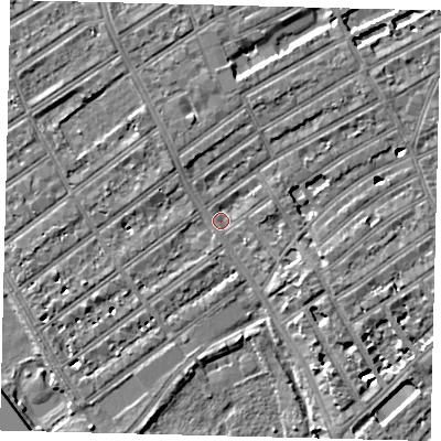 Shaded relief map of the ground around SW66TB, computed from Environment Agency LiDAR. The ground here sits at about 5 m above sea level and falls 7 m across the surrounding 800 m. Surface water reaching this point runs off ground lying to the north-west, 4.1 m higher.