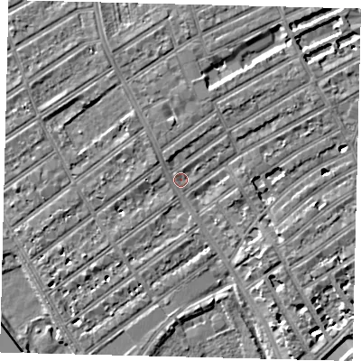 Shaded relief map of the ground around SW66TD, computed from Environment Agency LiDAR. The ground here sits at about 5 m above sea level and falls 7 m across the surrounding 800 m. Surface water reaching this point runs off ground lying to the north, 2.9 m higher.