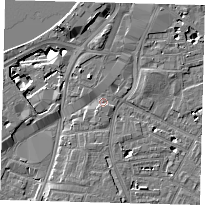 Shaded relief map of the ground around SW81BN, computed from Environment Agency LiDAR. The ground here sits at about 4 m above sea level and falls 13 m across the surrounding 800 m. Surface water reaching this point runs off ground lying to the south-south-west, 2.0 m higher.