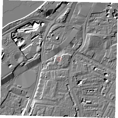 Shaded relief map of the ground around SW81BP, computed from Environment Agency LiDAR. The ground here sits at about 4 m above sea level and falls 13 m across the surrounding 800 m. Surface water reaching this point runs off ground lying to the south-east, 1.9 m higher.