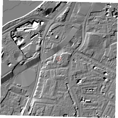 Shaded relief map of the ground around SW81GG, computed from Environment Agency LiDAR. The ground here sits at about 4 m above sea level and falls 13 m across the surrounding 800 m. Surface water reaching this point runs off ground lying to the east-south-east, 1.4 m higher.