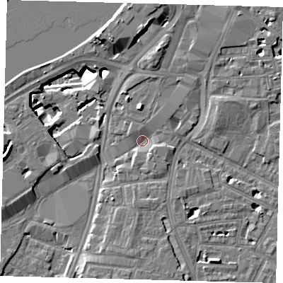 Shaded relief map of the ground around SW81RZ, computed from Environment Agency LiDAR. The ground here sits at about 3 m above sea level and falls 13 m across the surrounding 800 m. Surface water reaching this point runs off ground lying to the north, 3.9 m higher.