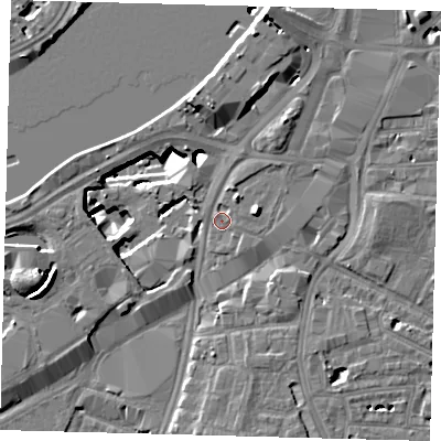 Shaded relief map of the ground around SW81SD, computed from Environment Agency LiDAR. The ground here sits at about 4 m above sea level and falls 14 m across the surrounding 800 m. Surface water reaching this point runs off ground lying to the east-north-east, 3.8 m higher.