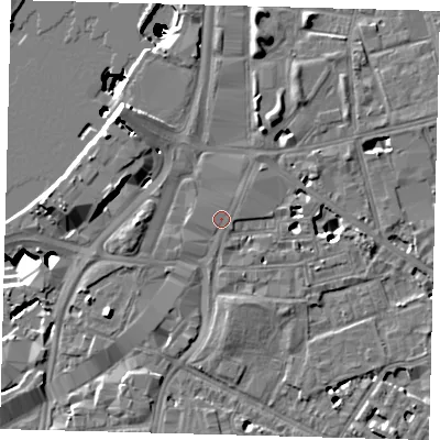 Shaded relief map of the ground around SW81SR, computed from Environment Agency LiDAR. The ground here sits at about 5 m above sea level and falls 50 m across the surrounding 800 m. Surface water reaching this point runs off ground lying to the north-east, 0.7 m higher.