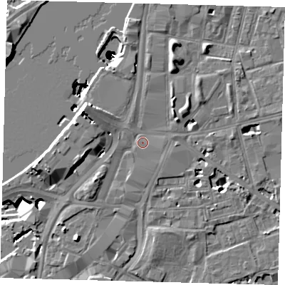 Shaded relief map of the ground around SW81SS, computed from Environment Agency LiDAR. The ground here sits at about 5 m above sea level and falls 50 m across the surrounding 800 m. Surface water reaching this point runs off ground lying to the west-north-west, 1.3 m higher.