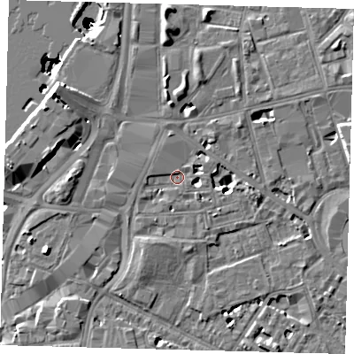 Shaded relief map of the ground around SW81TB, computed from Environment Agency LiDAR. The ground here sits at about 4 m above sea level and falls 50 m across the surrounding 800 m. Surface water reaching this point runs off ground lying to the north-west, 1.2 m higher.