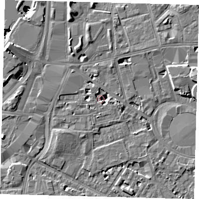 Shaded relief map of the ground around SW81TD, computed from Environment Agency LiDAR. The ground here sits at about 3 m above sea level and falls 50 m across the surrounding 800 m. Surface water reaching this point runs off ground lying to the east-south-east, 4.3 m higher.
