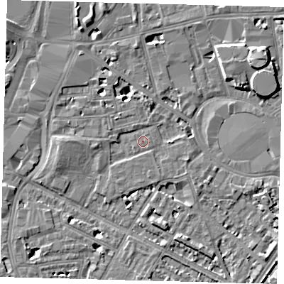 Shaded relief map of the ground around SW81UB, computed from Environment Agency LiDAR. The ground here sits at about 4 m above sea level and falls 7 m across the surrounding 800 m. The ground contributing surface water to this point lies to the east.
