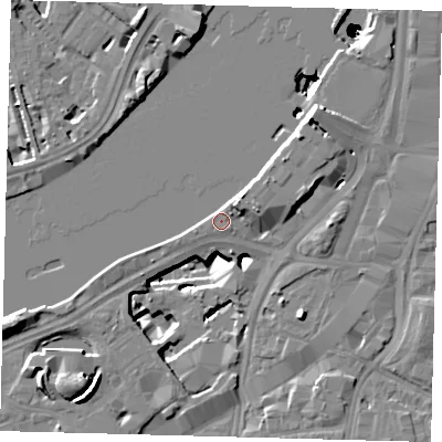 Shaded relief map of the ground around SW82DA, computed from Environment Agency LiDAR. The ground here sits at about 5 m above sea level and falls 51 m across the surrounding 800 m. Surface water reaching this point runs off ground lying to the north-north-east, 1.9 m higher.
