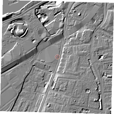 Shaded relief map of the ground around SW82EW, computed from Environment Agency LiDAR. The ground here sits at about 3 m above sea level and falls 12 m across the surrounding 800 m. Surface water reaching this point runs off ground lying to the south-south-east, 3.9 m higher.