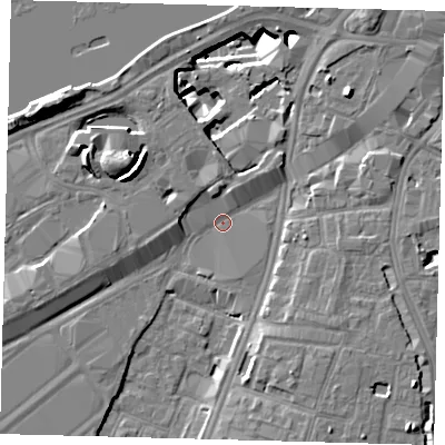 Shaded relief map of the ground around SW82FQ, computed from Environment Agency LiDAR. The ground here sits at about 2 m above sea level and falls 14 m across the surrounding 800 m. Surface water reaching this point runs off ground lying to the north-west, 13.6 m higher.