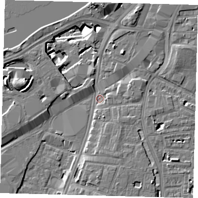 Shaded relief map of the ground around SW82FW, computed from Environment Agency LiDAR. The ground here sits at about 3 m above sea level and falls 14 m across the surrounding 800 m. Surface water reaching this point runs off ground lying to the south, 4.3 m higher.