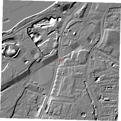 Shaded relief map of the ground around SW82GB, computed from Environment Agency LiDAR. The ground here sits at about 3 m above sea level and falls 14 m across the surrounding 800 m. Surface water reaching this point runs off ground lying to the north, 12.4 m higher.