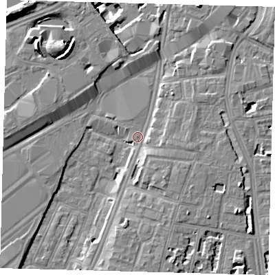 Shaded relief map of the ground around SW82GE, computed from Environment Agency LiDAR. The ground here sits at about 3 m above sea level and falls 12 m across the surrounding 800 m. Surface water reaching this point runs off ground lying to the south-south-east, 3.9 m higher.