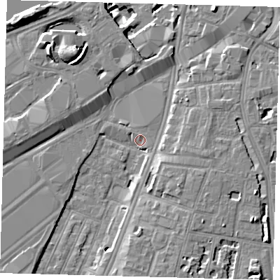 Shaded relief map of the ground around SW82GF, computed from Environment Agency LiDAR. The ground here sits at about 3 m above sea level and falls 12 m across the surrounding 800 m. Surface water reaching this point runs off ground lying to the north-west, 8.0 m higher.