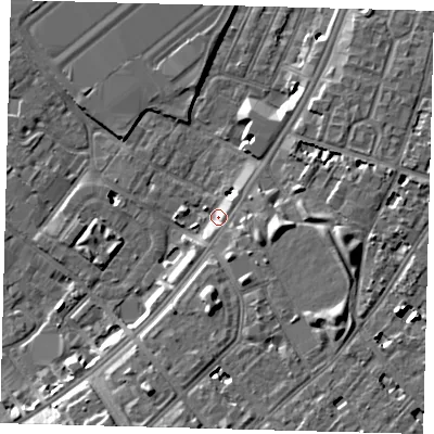 Shaded relief map of the ground around SW82JR, computed from Environment Agency LiDAR. The ground here sits at about 3 m above sea level and falls 10 m across the surrounding 800 m. Surface water reaching this point runs off ground lying to the east-south-east, 5.0 m higher.