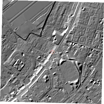 Shaded relief map of the ground around SW82JS, computed from Environment Agency LiDAR. The ground here sits at about 4 m above sea level and falls 10 m across the surrounding 800 m. Surface water reaching this point runs off ground lying to the south-south-east, 2.4 m higher.