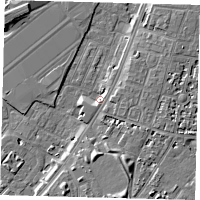 Shaded relief map of the ground around SW82JU, computed from Environment Agency LiDAR. The ground here sits at about 4 m above sea level and falls 10 m across the surrounding 800 m. Surface water reaching this point runs off ground lying to the south-south-west, 3.5 m higher.