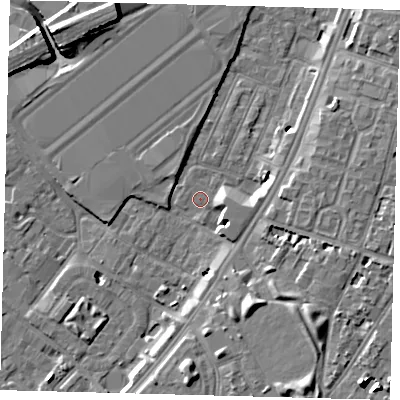Shaded relief map of the ground around SW82JY, computed from Environment Agency LiDAR. The ground here sits at about 2 m above sea level and falls 11 m across the surrounding 800 m. Surface water reaching this point runs off ground lying to the south-south-east, 9.2 m higher.