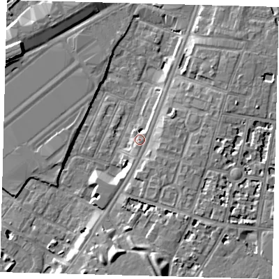 Shaded relief map of the ground around SW82LA, computed from Environment Agency LiDAR. The ground here sits at about 4 m above sea level and falls 9 m across the surrounding 800 m. Surface water reaching this point runs off ground lying to the east-south-east, 2.3 m higher.