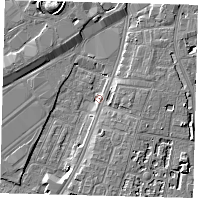 Shaded relief map of the ground around SW82LB, computed from Environment Agency LiDAR. The ground here sits at about 3 m above sea level and falls 9 m across the surrounding 800 m. Surface water reaching this point runs off ground lying to the east, 5.7 m higher.