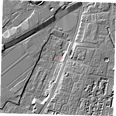 Shaded relief map of the ground around SW82LD, computed from Environment Agency LiDAR. The ground here sits at about 2 m above sea level and falls 8 m across the surrounding 800 m. Surface water reaching this point runs off ground lying to the west, 6.9 m higher.