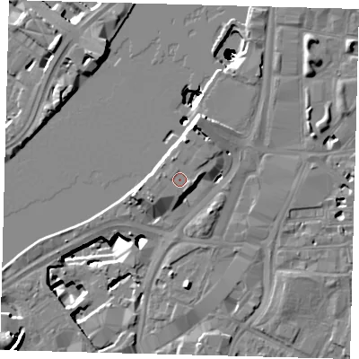 Shaded relief map of the ground around SW82LE, computed from Environment Agency LiDAR. The ground here sits at about 7 m above sea level and falls 51 m across the surrounding 800 m. The ground contributing surface water to this point lies to the north-west.