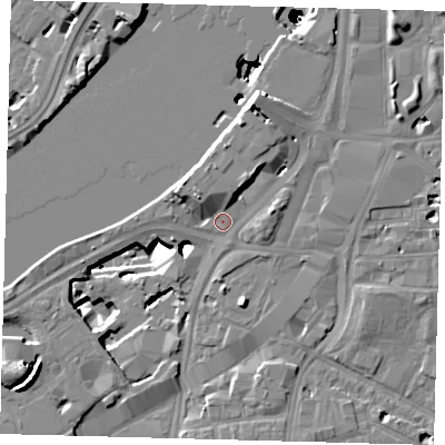 Shaded relief map of the ground around SW82LG, computed from Environment Agency LiDAR. The ground here sits at about 4 m above sea level and falls 51 m across the surrounding 800 m. Surface water reaching this point runs off ground lying to the north-north-east, 6.6 m higher.